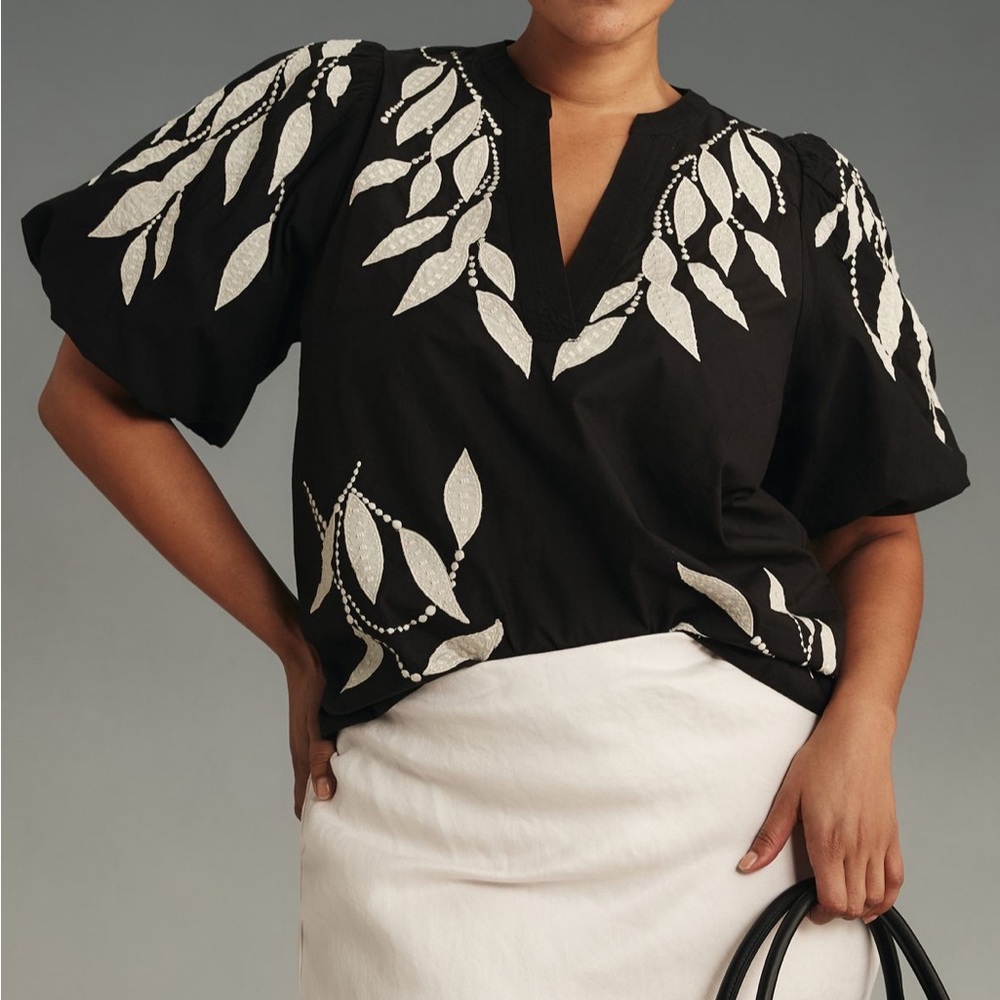 Anthropologie Black and White Embroidered Puff Sleeve Blouse. Worn once!